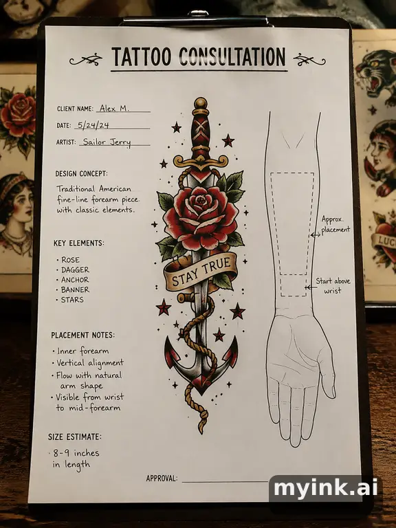 First tattoo consultation sheet with a fine-line forearm design and placement notes — Traditional Tattoo Design reference image