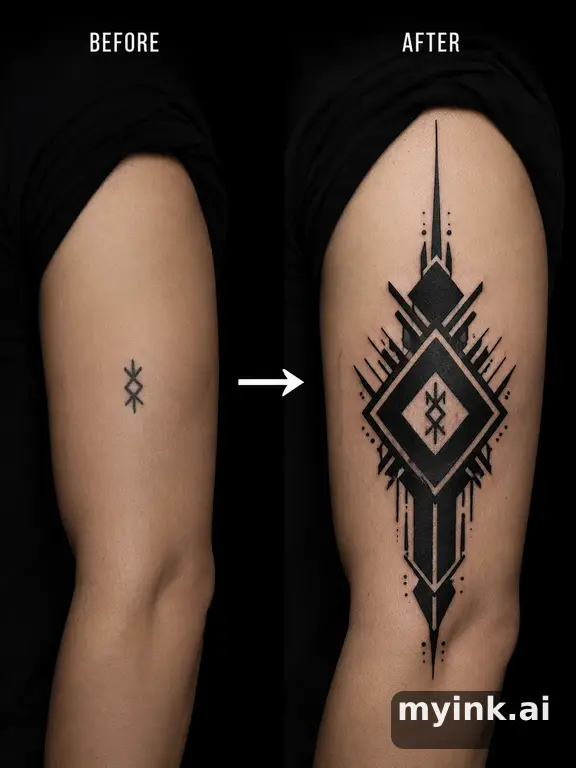 Before-and-after cover-up direction that absorbs an old small symbol — Blackwork Tattoo Design reference image