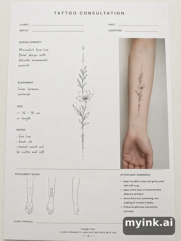 First tattoo consultation sheet with a fine-line forearm design and placement notes — Minimalist Tattoo Design reference image