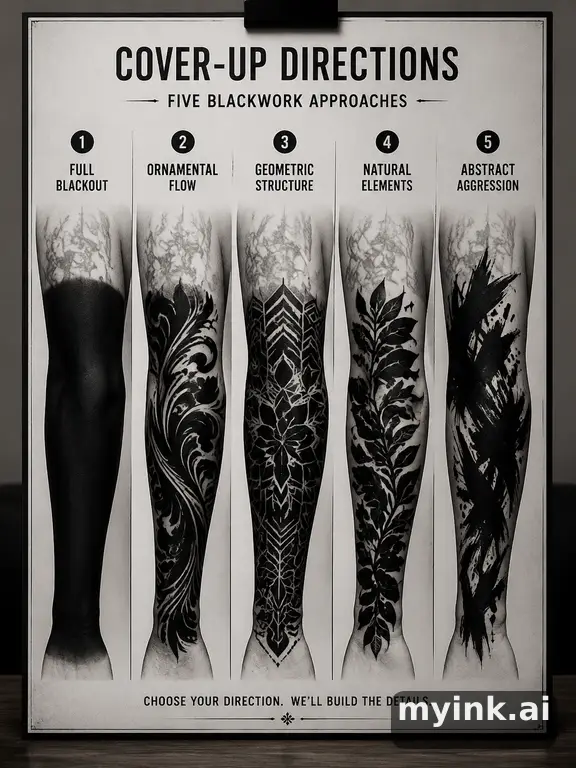 Cover-up tattoo planning board showing five blackwork directions — Blackwork Tattoo Design reference image