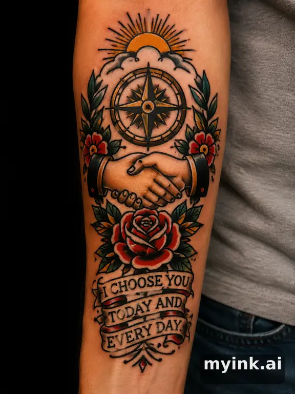 Meaningful vow tattoo concept with subtle symbols and aging-safe spacing — Traditional Tattoo Design reference image