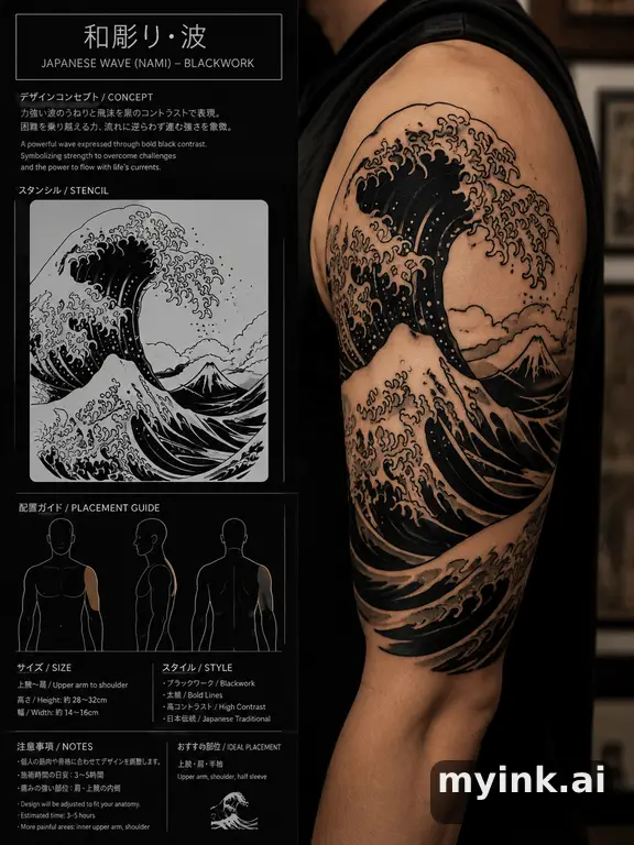 Consultation-ready Japanese wave tattoo plan with stencil and placement notes — Blackwork Tattoo Design reference image