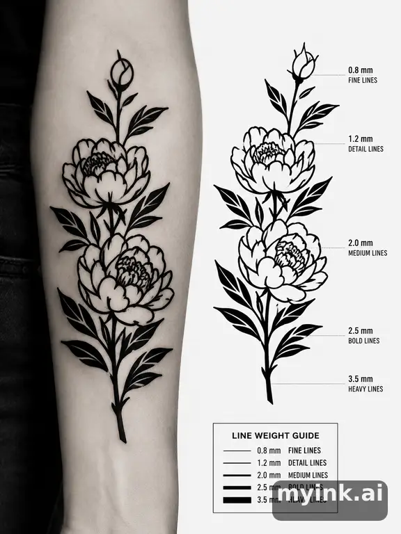 Clean stencil-ready botanical tattoo with line weight annotations — Blackwork Tattoo Design reference image