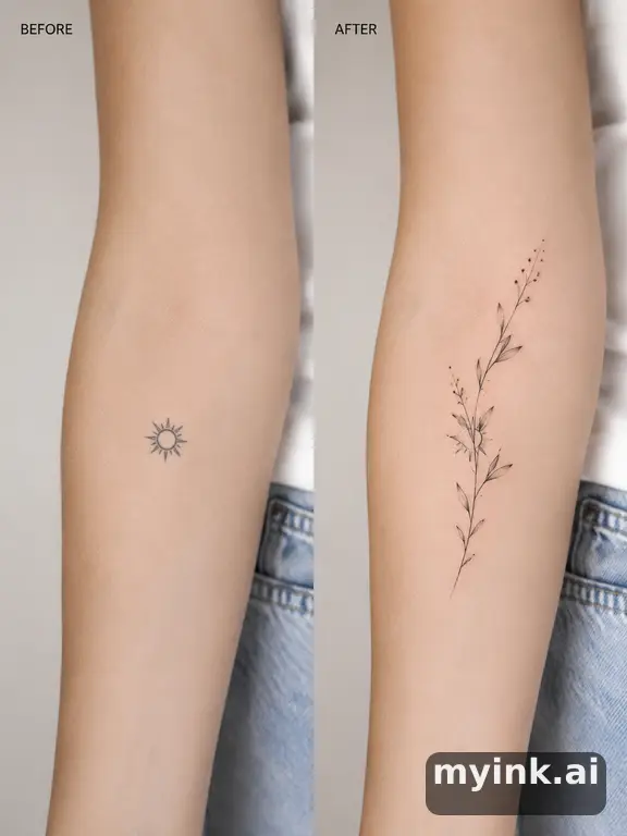 Before-and-after cover-up direction that absorbs an old small symbol — Minimalist Tattoo Design reference image