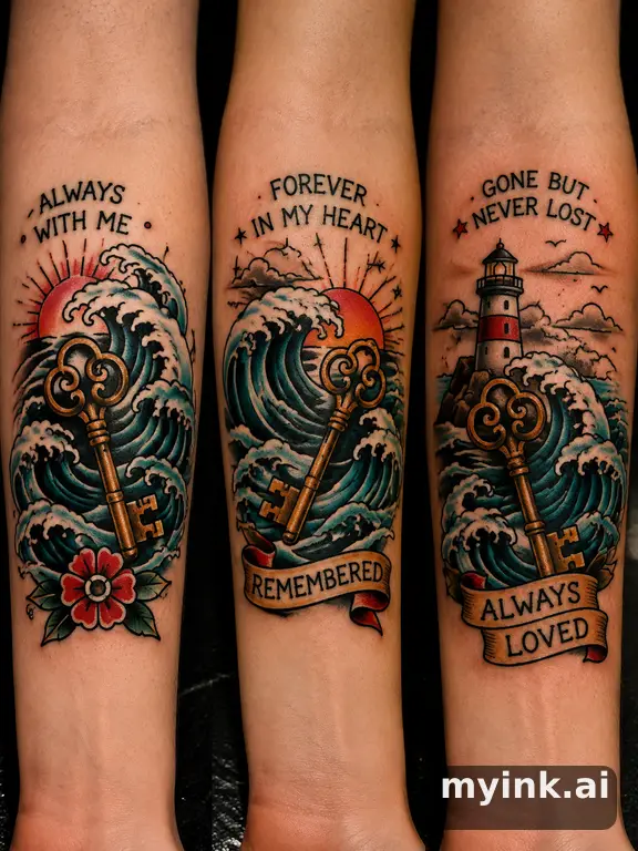 Three symbolic memorial tattoo routes based on ocean waves and a small key — Traditional Tattoo Design reference image