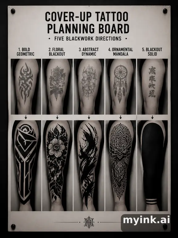 Cover-up tattoo planning board showing five blackwork directions — Blackwork Tattoo Design reference image