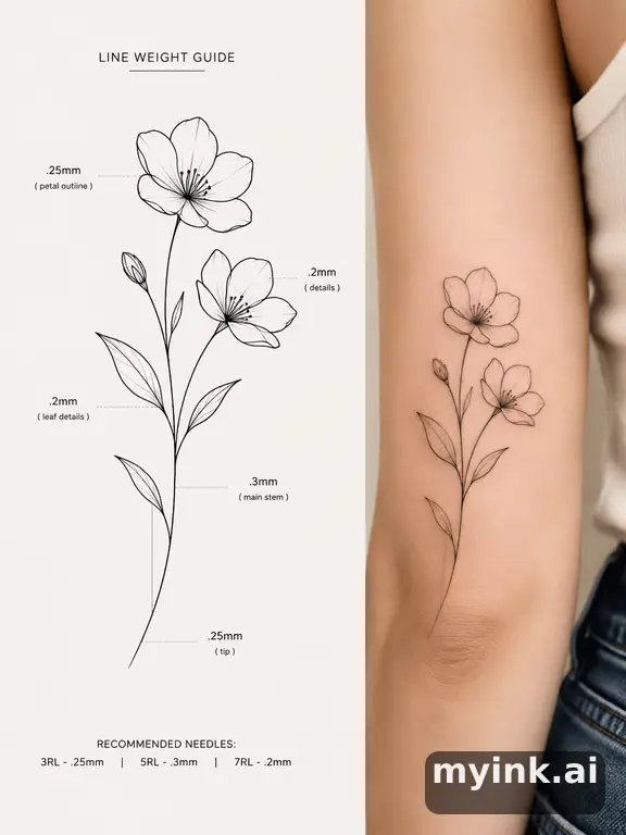 Clean stencil-ready botanical tattoo with line weight annotations — Minimalist Tattoo Design reference image