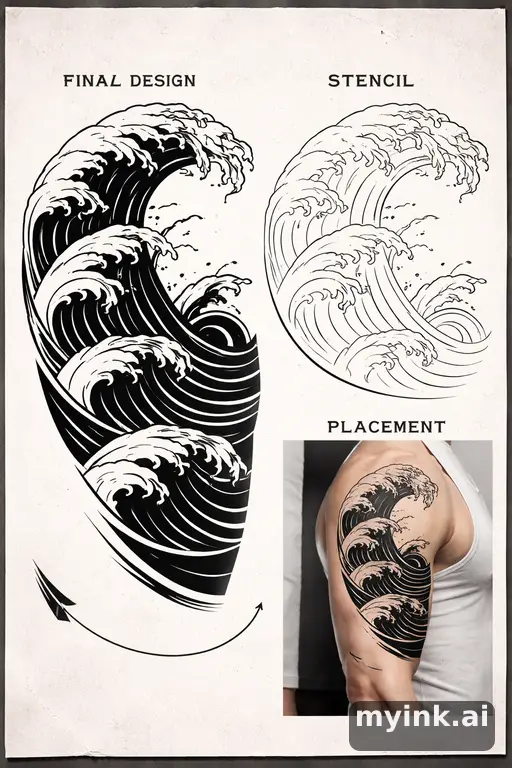 Consultation-ready Japanese wave tattoo plan with stencil and placement notes — Blackwork Tattoo Design reference image