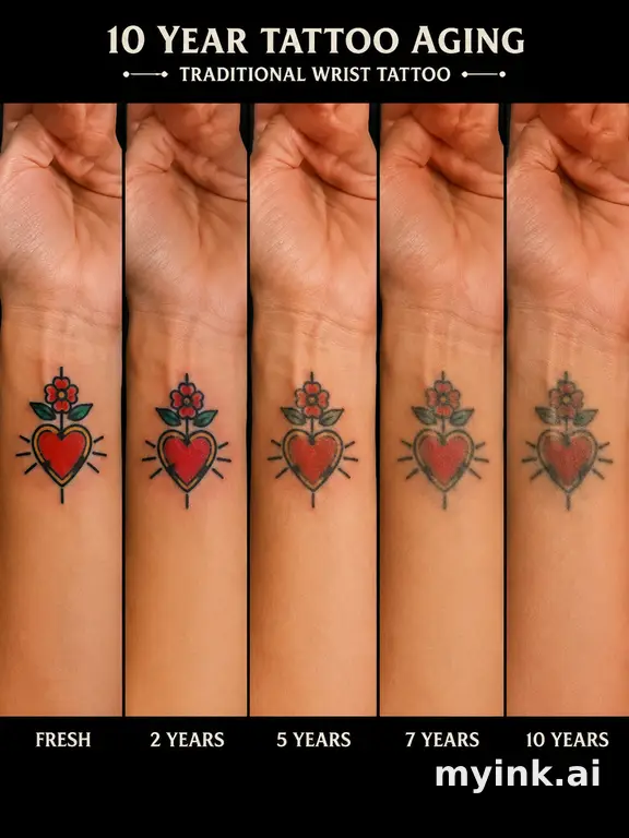 Tattoo aging comparison for a minimalist wrist design over ten years — Traditional Tattoo Design reference image