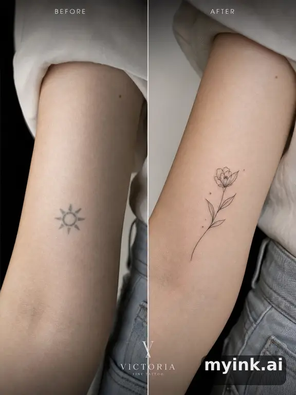 Before-and-after cover-up direction that absorbs an old small symbol — Minimalist Tattoo Design reference image