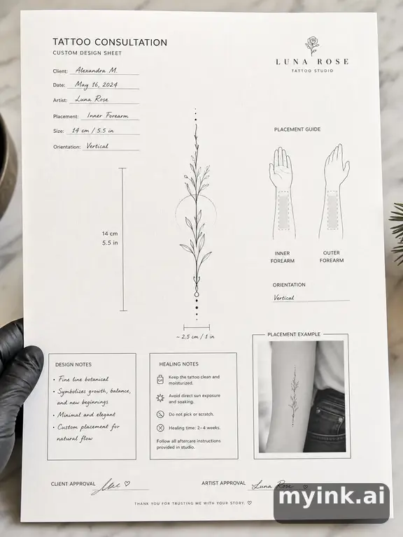 First tattoo consultation sheet with a fine-line forearm design and placement notes — Minimalist Tattoo Design reference image