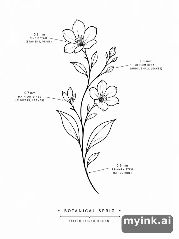 Clean stencil-ready botanical tattoo with line weight annotations — Minimalist Tattoo Design reference image