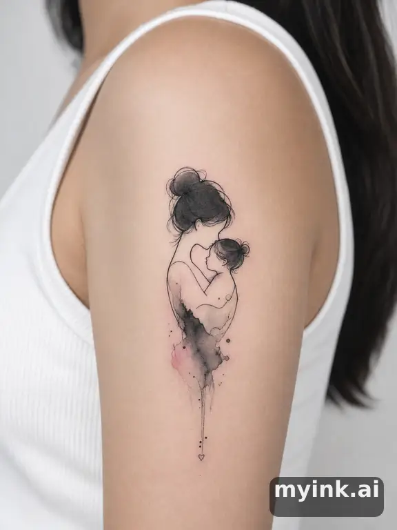 Mother and child silhouette in watercolor ink style — Minimalist Tattoo Design reference image