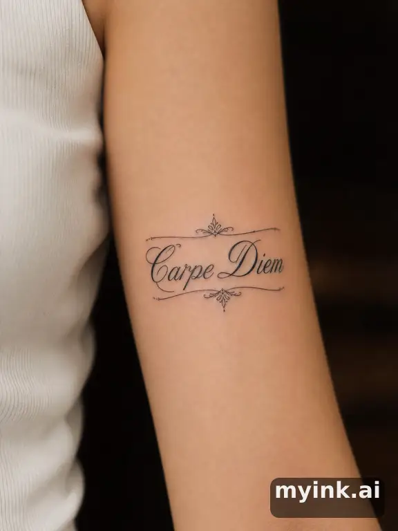 Phrase 'Carpe Diem' in vintage lettering — Minimalist Tattoo Design reference image