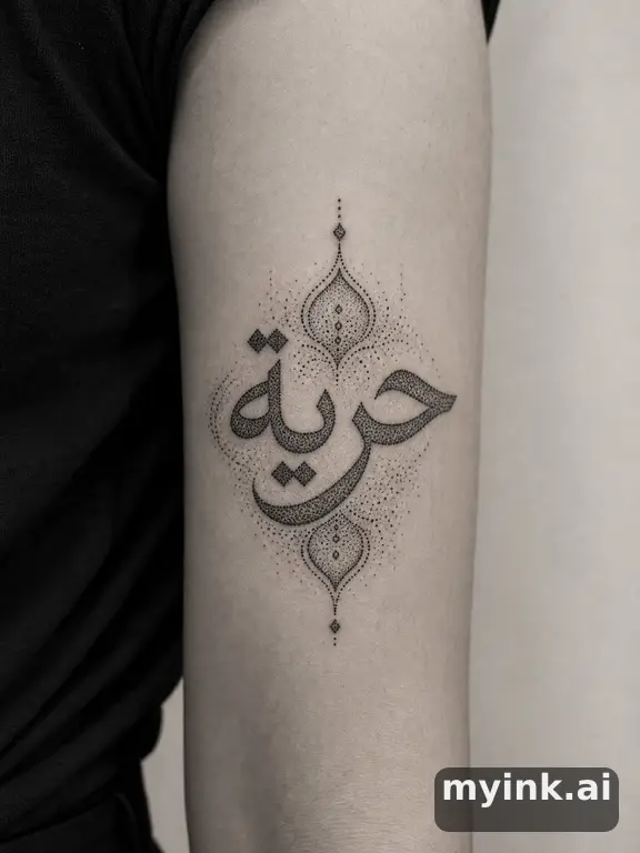 Arabic calligraphy writing 'حرية' (freedom) — Dotwork Tattoo Design reference image