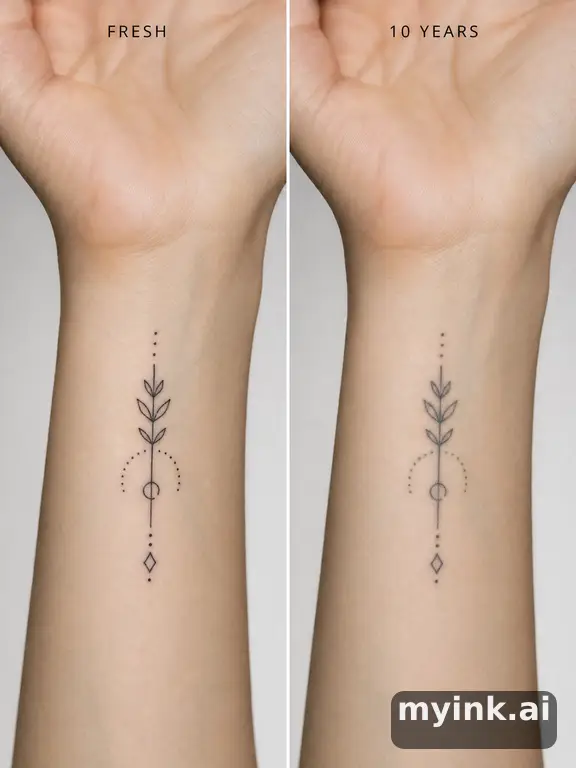 Tattoo aging comparison for a minimalist wrist design over ten years — Minimalist Tattoo Design reference image