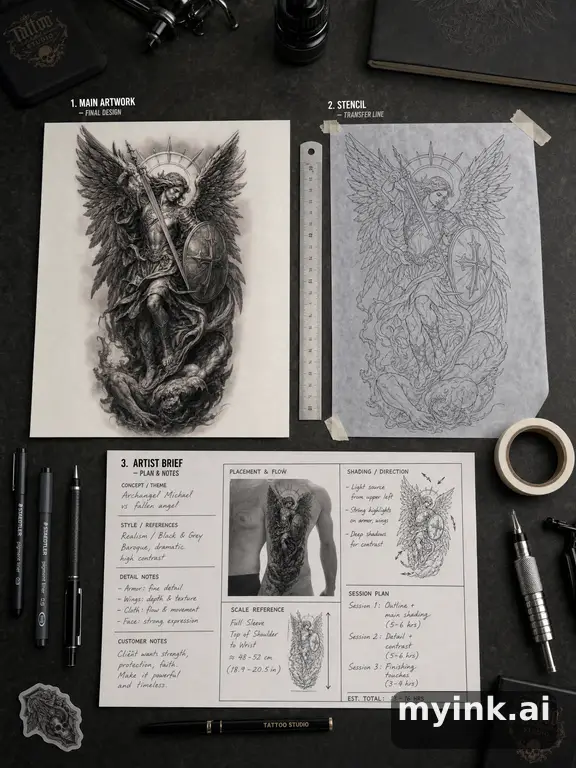 Private tattoo planning pack layout with main design — Realistic Tattoo Design reference image
