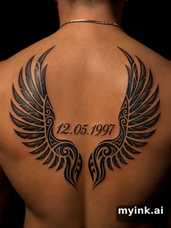 Angel wings cradling a date in elegant script — Tribal Tattoo Design reference image