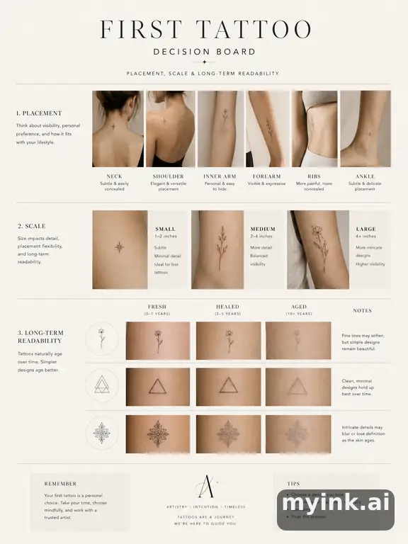 First tattoo decision board comparing placement — Minimalist Tattoo Design reference image