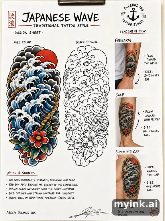 Consultation-ready Japanese wave tattoo plan with stencil and placement notes — Traditional Tattoo Design reference image