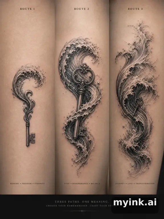 Three symbolic memorial tattoo routes based on ocean waves and a small key — Realistic Tattoo Design reference image