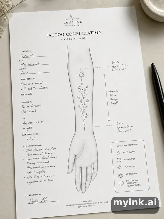 First tattoo consultation sheet with a fine-line forearm design and placement notes — Minimalist Tattoo Design reference image