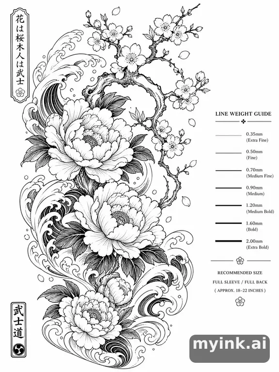 Clean stencil-ready botanical tattoo with line weight annotations — Japanese Tattoo Design reference image
