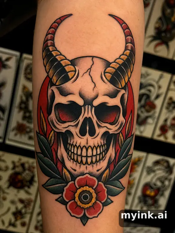 Skull with horns — Traditional Tattoo Design reference image