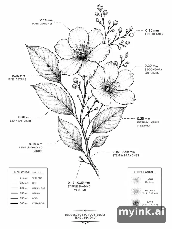 Clean stencil-ready botanical tattoo with line weight annotations — Dotwork Tattoo Design reference image