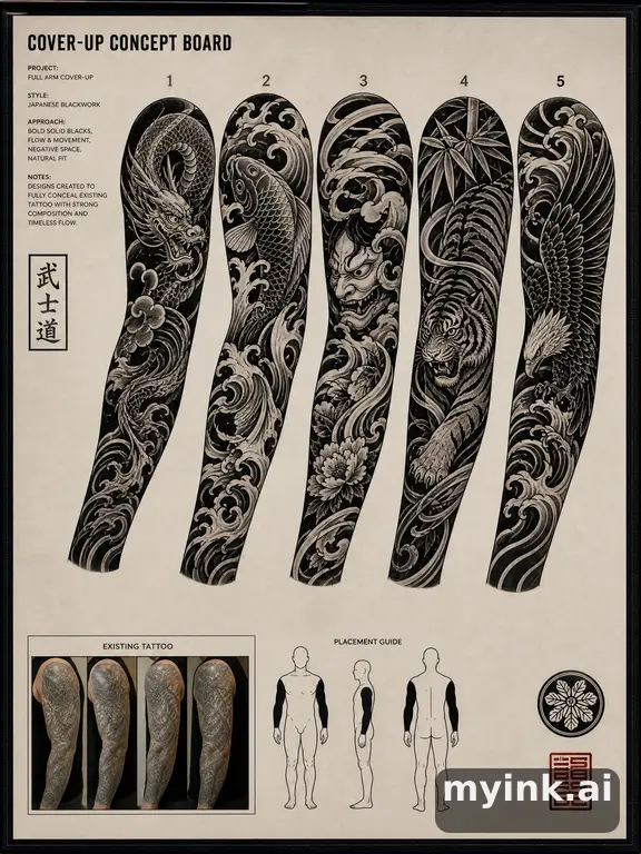 Cover-up tattoo planning board showing five blackwork directions — Japanese Tattoo Design reference image