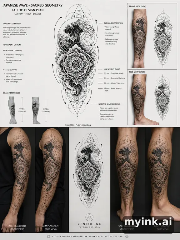 Consultation-ready Japanese wave tattoo plan with stencil and placement notes — Geometric Tattoo Design reference image