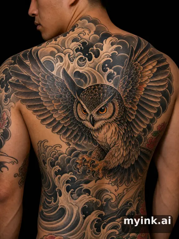 Owl with spread wings — Japanese Tattoo Design reference image