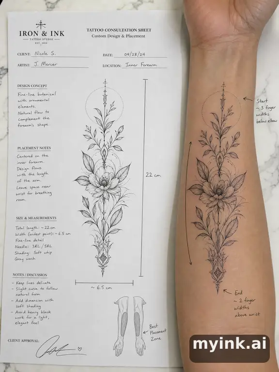 First tattoo consultation sheet with a fine-line forearm design and placement notes — Realistic Tattoo Design reference image
