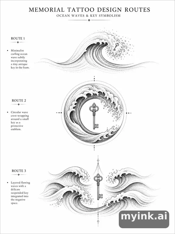 Three symbolic memorial tattoo routes based on ocean waves and a small key — Dotwork Tattoo Design reference image