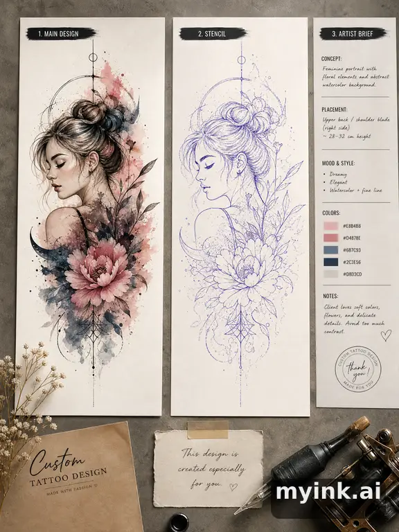 Private tattoo planning pack layout with main design — Watercolor Tattoo Design reference image