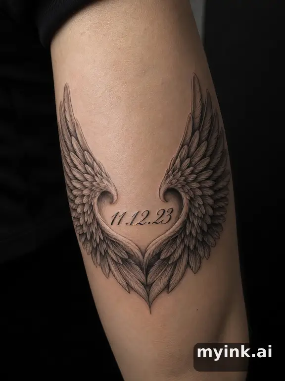 Angel wings cradling a date in elegant script — Realistic Tattoo Design reference image