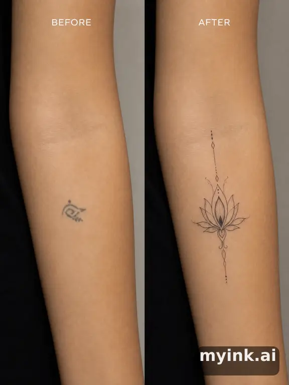 Before-and-after cover-up direction that absorbs an old small symbol — Minimalist Tattoo Design reference image