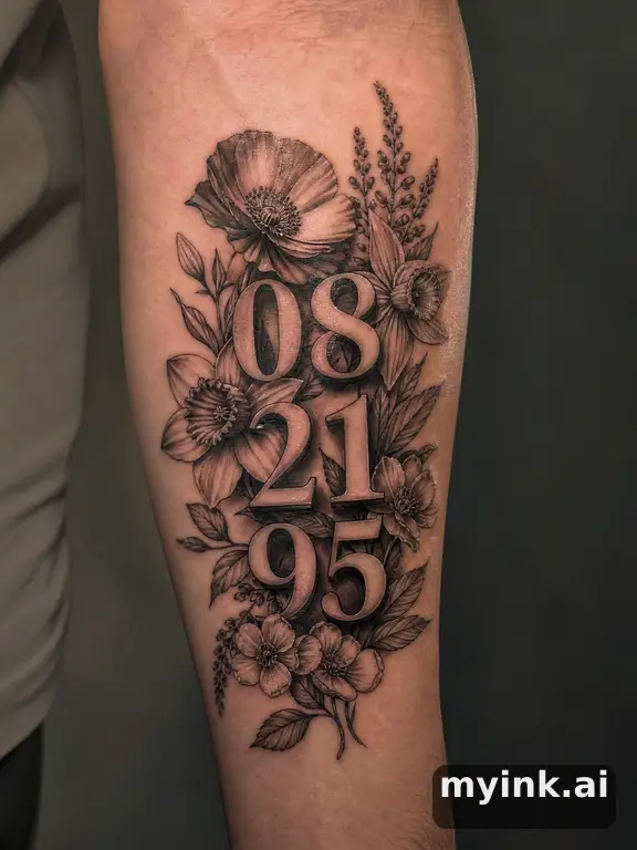 Birth date numbers surrounded by birth month flowers — Realistic Tattoo Design reference image