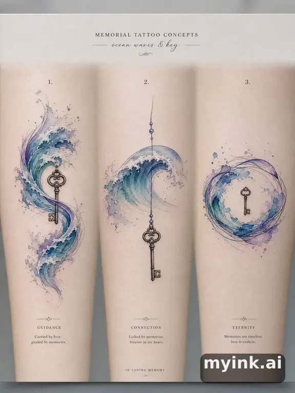 Three symbolic memorial tattoo routes based on ocean waves and a small key — Watercolor Tattoo Design reference image