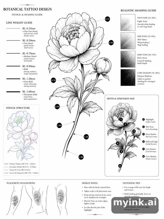 Clean stencil-ready botanical tattoo with line weight annotations — Realistic Tattoo Design reference image