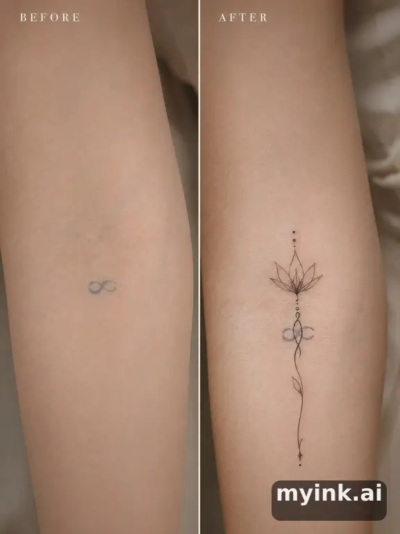 Before-and-after cover-up direction that absorbs an old small symbol — Minimalist Tattoo Design reference image