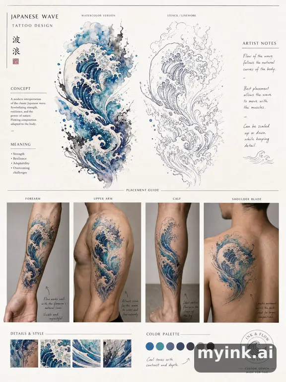 Consultation-ready Japanese wave tattoo plan with stencil and placement notes — Watercolor Tattoo Design reference image