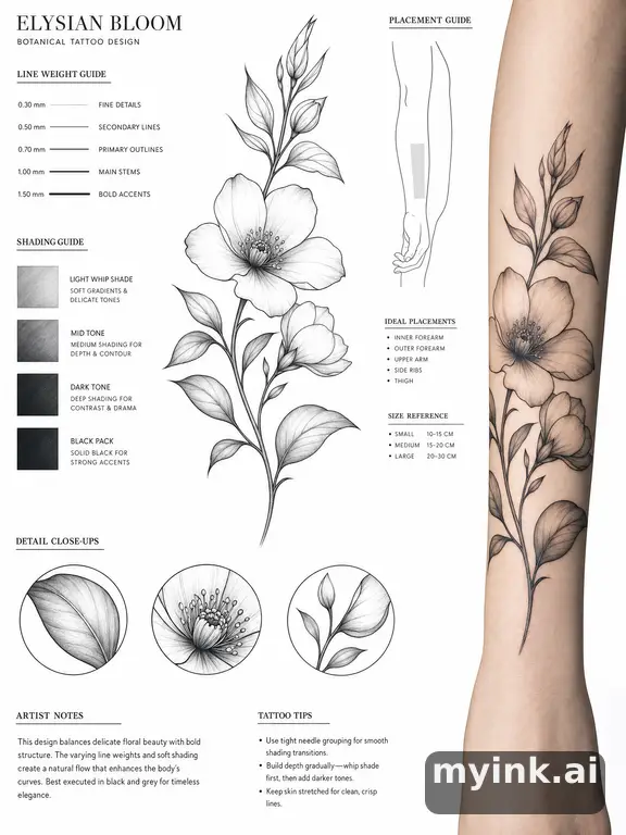 Clean stencil-ready botanical tattoo with line weight annotations — Realistic Tattoo Design reference image