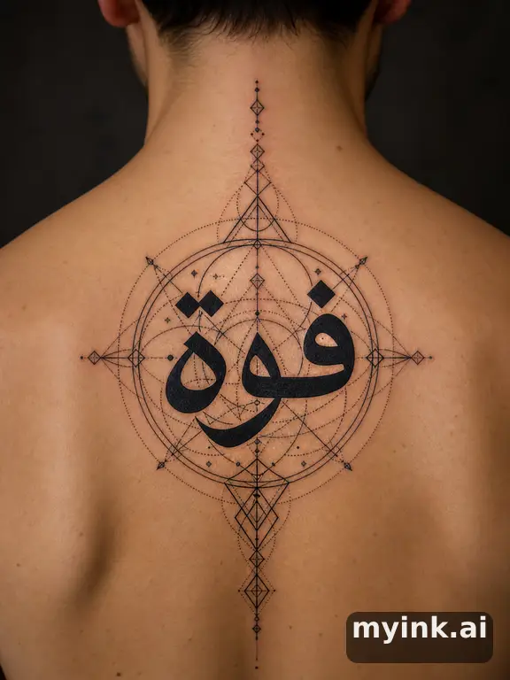 Arabic calligraphy writing 'قوة' (strength) — Geometric Tattoo Design reference image