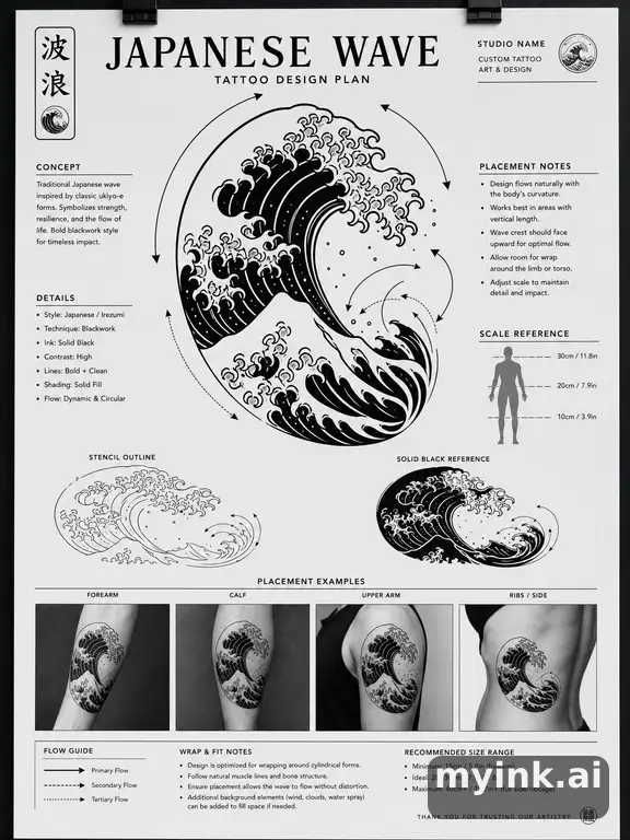 Consultation-ready Japanese wave tattoo plan with stencil and placement notes — Blackwork Tattoo Design reference image