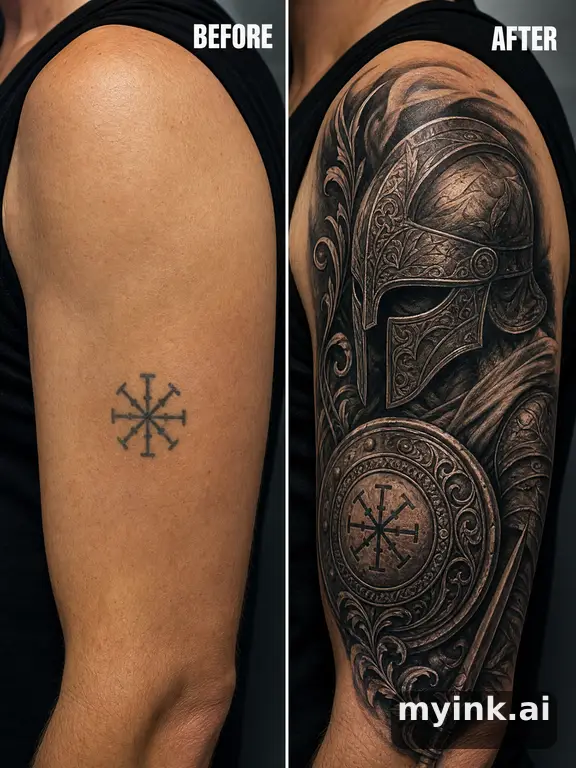 Before-and-after cover-up direction that absorbs an old small symbol — Realistic Tattoo Design reference image