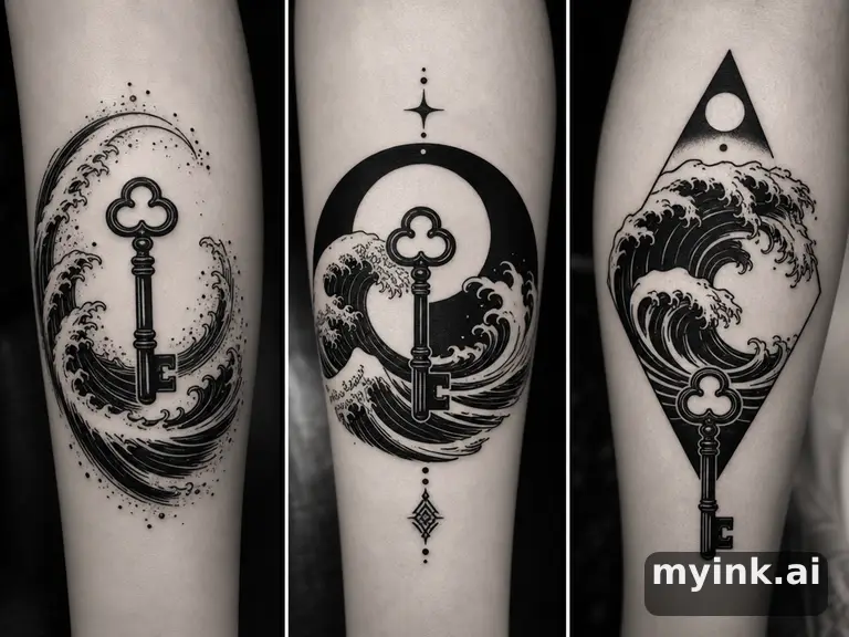 Three symbolic memorial tattoo routes based on ocean waves and a small key — Blackwork Tattoo Design reference image