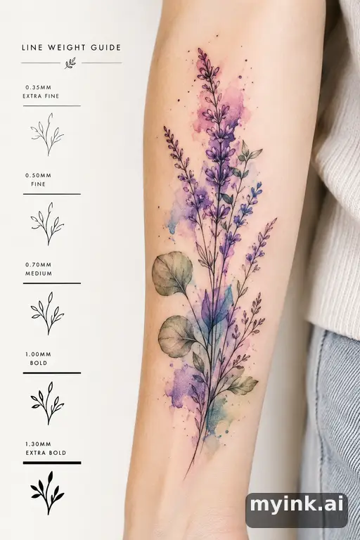 Clean stencil-ready botanical tattoo with line weight annotations — Watercolor Tattoo Design reference image