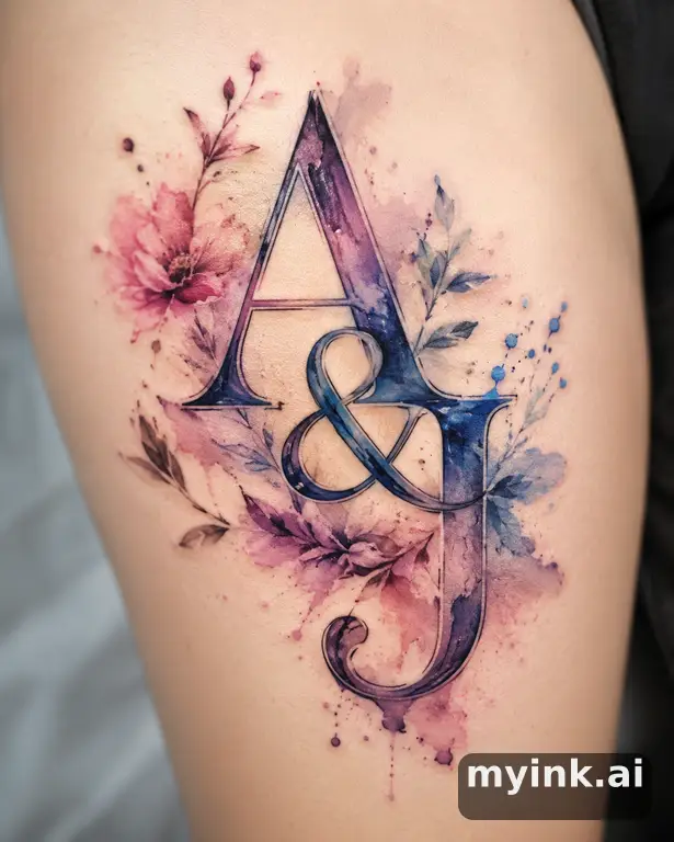 Initials 'A & J' intertwined — Watercolor Tattoo Design reference image