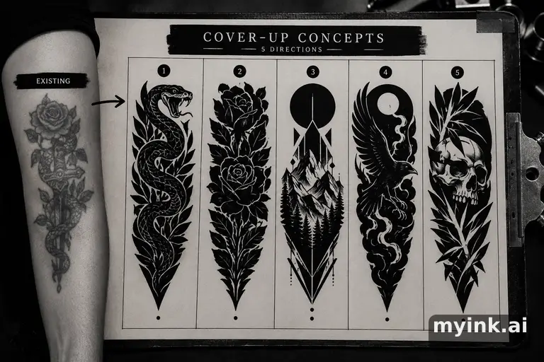 Cover-up tattoo planning board showing five blackwork directions — Blackwork Tattoo Design reference image